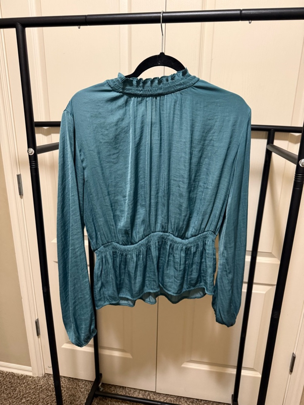 Nine West Teal Long-Sleeve Ruffled Peplum Blouse